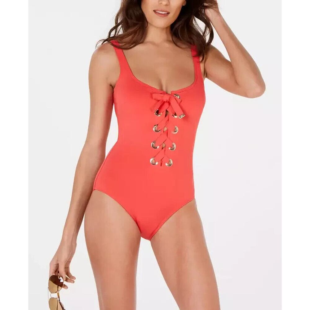 Michael Kors Lace-up One-Piece Swimsuit - Sea Coral, Size 6 NWT